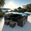 An outdoor patio with a dining set next to a swimming pool with a scenic view of the ocean and islands. Náhled obrázku produktu