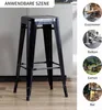 A black metal bar stool is shown in the foreground, with several circular images on the right side depicting different settings where the stool could be used, such as a dining room, balcony, garden, and bar. Produktbild-Vorschau