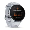 A close-up of a white Garmin Forerunner 955 Solar smartwatch with a black bezel and screen displaying solar intensity data. Produktbild-Vorschau