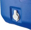 A close-up view of a blue cooler with a white drain plug. Produktbild-Vorschau