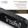 A close-up view of a black digital radio alarm clock with a digital display showing the time and frequency, and various buttons on the top surface. Text overlays describe features and benefits. Náhľad obrázku produktu