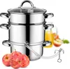 A stainless steel steamer pot with a glass lid, sitting on a white background. Apples and a pitcher of juice are visible in the background. Produktbild-Vorschau