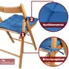A close-up view of a blue seat cushion on a wooden chair, with callouts highlighting features. Produktbild-Vorschau