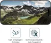 A smartphone screen displaying a mountain landscape, with two icons and text below representing product features. Produktbild-Vorschau