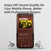 A smartphone displaying album art and song information, flanked by two in-ear monitor headphones. Produktbild-Vorschau