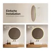 A collage showing a round LED mirror with different frame colors and installation options. Náhľad obrázku produktu