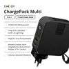 A black power bank with its features listed on the left side. Produktbild-Vorschau