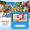 A collage of cartoon characters and a blue tablet displaying a cartoon scene, with product branding and model information. Produktbild-Vorschau