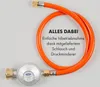 A gas regulator and hose are shown on a light gray background, with marketing text overlaid. Produktbild-Vorschau