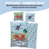 A collage of bedding items featuring cartoon vehicles and helicopters, with promotional text. Produktbild-Vorschau