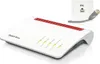 A white FRITZ!Box router with red accents, along with a DSL wall socket and a network cable. Produktbild-Vorschau
