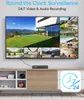A television screen displaying multiple camera feeds of modern houses, placed on a media console. Produktbild-Vorschau