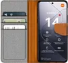 A flip case for a Xiaomi 14 Pro phone, showing the inside of the case with card slots and the phone itself with product specifications displayed on the screen. Produktbild-Vorschau
