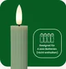 A close-up of a green LED candle with a white flame, next to a graphic indicating battery requirements. Produktbild-Vorschau