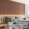 A bedroom with a bed and a slatted wooden wall paneling. Podgląd zdjęcia produktu