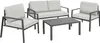 A set of outdoor furniture including two chairs, a loveseat, and a coffee table, all with gray frames and white cushions, displayed on a white background.