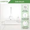 A white side brush for a robot vacuum cleaner is shown against a blurred background of a room. Text overlays describe its features. Produktbild-Vorschau