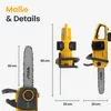Marketing image showing dimensions and different views of a yellow and black chainsaw. Produktbild-Vorschau
