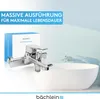 A chrome bathtub faucet is displayed in front of a white bathtub, with a product box to the left and promotional text at the top. Produktbild-Vorschau