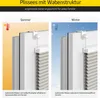 A split image showing a pleated blind in a window frame, illustrating its function in summer and winter. Produktbild-Vorschau