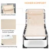 A beige reclining lounge chair with a pillow, shown from the front and with close-up insets highlighting features. Produktbild-Vorschau
