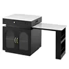A product shot of a black kitchen island with a white marble countertop, featuring a drawer and cabinet doors, and an extended countertop. Podgląd zdjęcia produktu