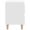 A side view of a white nightstand with wooden legs on a white background. Produktbild-Vorschau