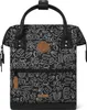A black backpack with a white abstract pattern and brown leather accents. Produktbild-Vorschau
