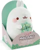 A white plush toy rabbit holding a green clover-like object, presented in its retail packaging. Podgląd zdjęcia produktu