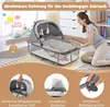 A woman is interacting with a baby bassinet, with close-up shots of its features below. Náhled obrázku produktu