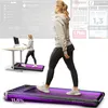 A woman is walking on a treadmill while another person is standing at a desk with a computer, also on a treadmill. The image includes marketing graphics and text. Produktbild-Vorschau
