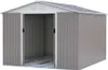 A metal shed with an open door, shown from the front. Produktbild-Vorschau