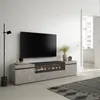 A modern living room with a TV stand featuring an electric fireplace. Produktbild-Vorschau