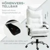 A white ergonomic office chair with a footrest, shown with text overlays highlighting its adjustable features. Produktbild-Vorschau