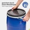 A person's hands are shown closing the lid of a blue plastic barrel with a metal clamp. Produktbild-Vorschau