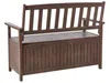 A dark brown wooden garden bench with a storage compartment is shown from a rear-side angle against a white background. Náhled obrázku produktu