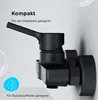A close-up of a black bathroom faucet with text overlays. Produktbild-Vorschau