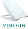 A white toilet seat and lid are shown in an open position against a white background. The brand logo and tagline are displayed below the product. Produktbild-Vorschau