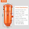 A product shot of an orange dust collection system with a specifications table next to it. Náhled obrázku produktu