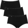 Three black women's briefs are stacked on a white background. Produktbild-Vorschau
