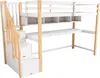 A white and natural wood loft bed with stairs, a desk, and shelving units. Produktbild-Vorschau