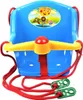 A blue plastic baby swing with yellow and red accents, suspended by red ropes. It features a cartoon sun and lion sticker on the front. Náhľad obrázku produktu