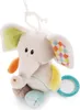 A plush toy elephant hanging from a loop, with a plastic ring attached. Produktbild-Vorschau
