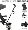 A close-up view of a gray and black tricycle, with inset images highlighting accessories. Produktbild-Vorschau