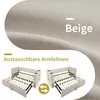 A close-up of beige fabric texture and a diagram showing the interchangeable armrests of a sofa bed. Podgląd zdjęcia produktu