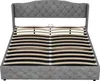 A grey upholstered bed frame with a slatted base, shown from the front. Produktbild-Vorschau