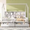 A children's bedroom with a white house-shaped bed, complete with a bookshelf and storage drawers, decorated with stuffed animals and toys. Náhľad obrázku produktu
