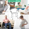 A collage showing a shower stool in the center, surrounded by images of people using it in different scenarios: an elderly person in a bathroom, a person with a cast on their leg relaxing, a person in a wheelchair, and a pregnant woman. Podgląd zdjęcia produktu