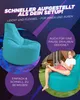 A young person is playing a video game while sitting on a teal beanbag chair outdoors, with another teal beanbag chair shown indoors. Produktbild-Vorschau