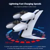 A charging station for two PS5 controllers with text highlighting fast charging speeds. Produktbild-Vorschau